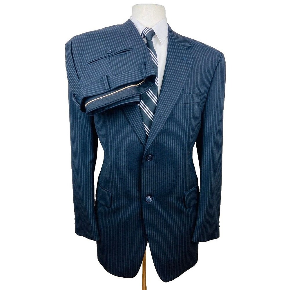 BACHRACH MENS 42R NAVY STRIPE 100% WOOL 2 PIECE SUIT WITH DRESS PANTS 36X29